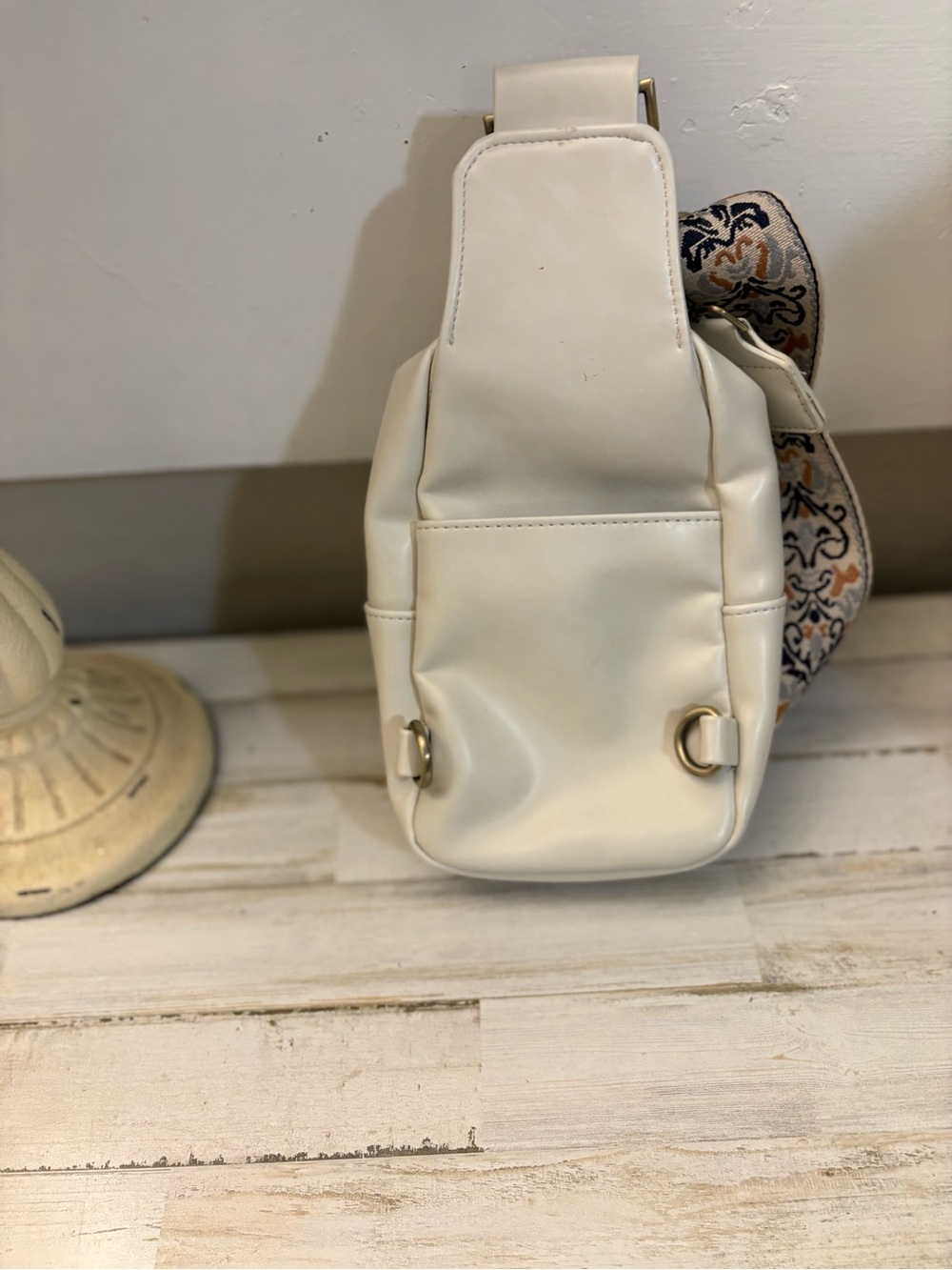 Cream Paisley Embossed Crossbody Sling Bag with Patterned Strap - Picture 3 of 7